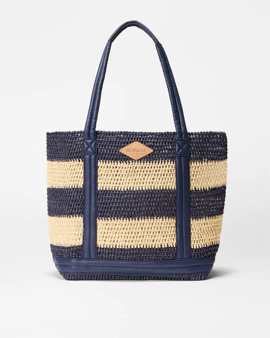 Medium Raffia / Crochet tote - Navy / Camel